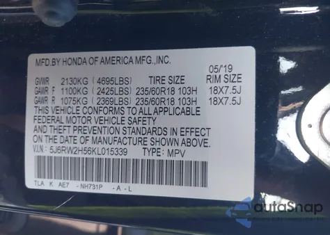 2019 Honda Cr-V Ex z USA, uszkodzony, nr VIN 5J6RW2H56KL015339